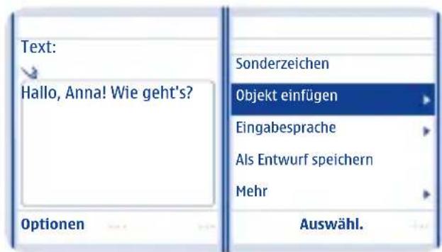 Text: Hallo, Anna! Wie geht's? Optionen Sonderzeichen Objekt einfügen Eingabesprache Als Entwurf speichern Mehr Auswahl.