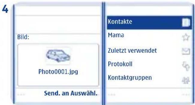 Bild: Photo0001.jpg Send. an Auswahl. Kontakte Mama Zuletzt verwendet Protokoll Kontaktgruppen