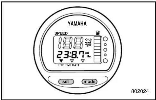YAMAHA SPEED 18.8 Km/h knot mph 23:8.7 km mile TRIP TIME BATT set mode 802024