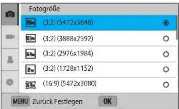 Fotogröße (3:2) (5472x3648) (3:2) (3888x2592) (3:2) (2976x1984) (3:2) (1728x1152) (16:9) (5472x3080) MENU Zurück Festlegen OK