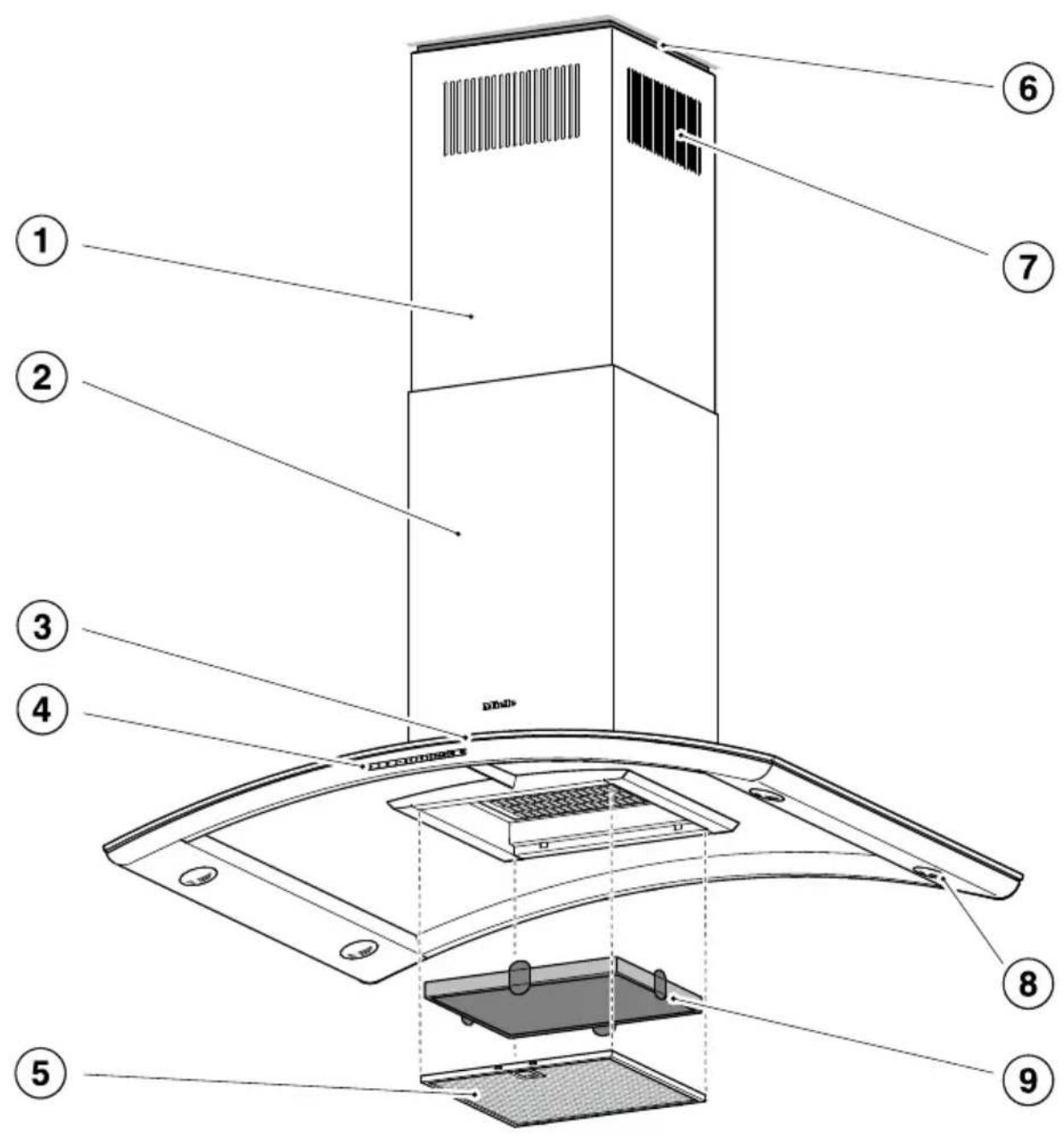 Labeled diagram of a kitchen air conditioner unit with numbered components