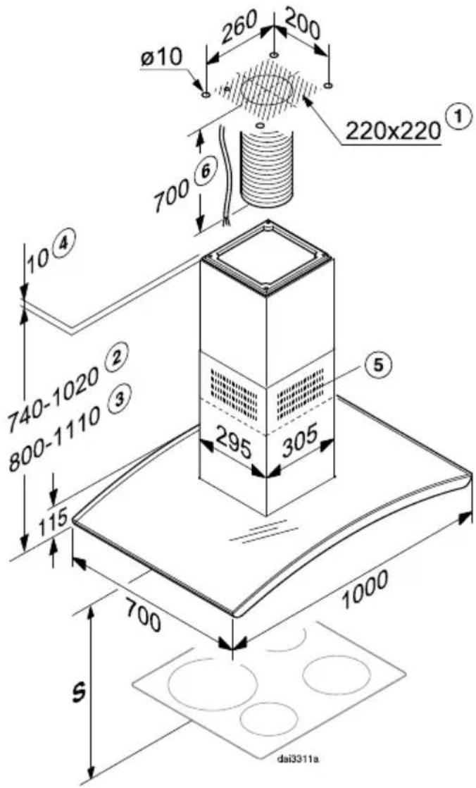 Ø10 260 200 220x220① 700⑥ 10④ 740-1020② 800-1110③ 115 295 305 5 dai3311a 700 1000 S