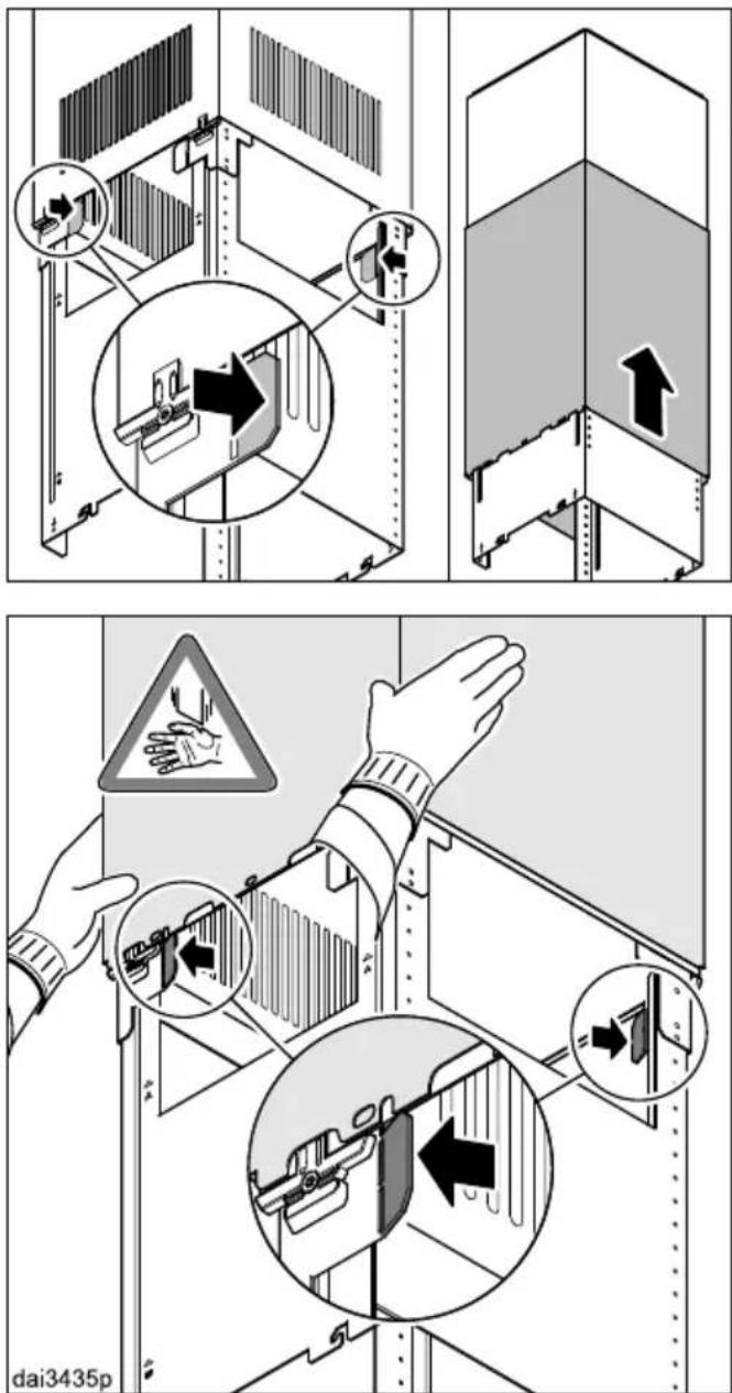 Technical diagram illustrating safety instructions for a cabinet, showing hand positioning and directional arrows with warning signs.