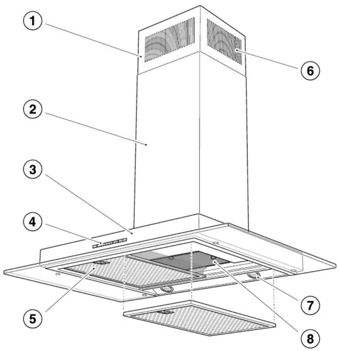 Labeled diagram of a kitchen ventilation system with numbered components