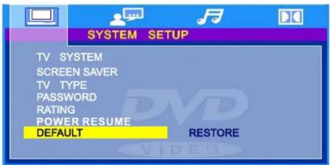 SYSTEM SETUP TV SYSTEM SCREEN SAVER TV TYPE PASSWORD RATING POWER RESUME DEFAULT RESTORE