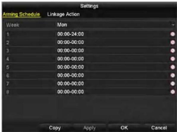 Settings Arming Schedule Linkage Action Week Mon 1 00:00-24:00 2 00:00-00:00 3 00:00-00:00 4 00:00-00:00 5 00:00-00:00 6 00:00-00:00 7 00:00-00:00 8 00:00-00:00 Copy Apply OK Cancel