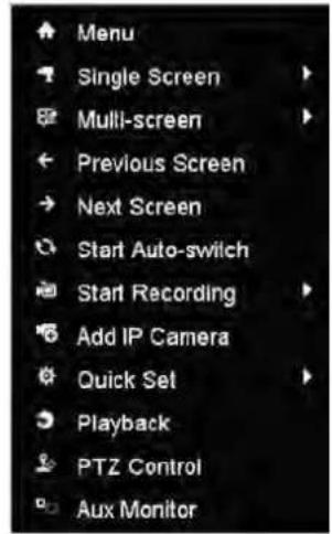 Menu Single Screen Multi-screen Previous Screen Next Screen Start Auto-switch Start Recording Add IP Camera Quick Set Playback PTZ Control Aux Monitor