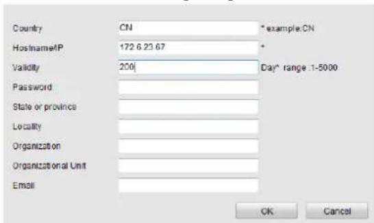 Country CN * example:CN Hostname/IP 172 6 23.67 * Validity 200 Day* range:1-5000 Password State or province Locality Organization Organizational Unit Email OK Cancel