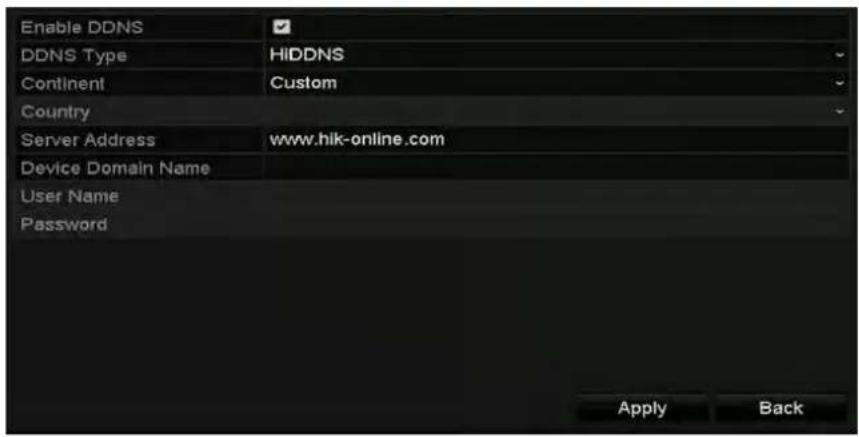 Enable DDNS DDNS Type HIDDNS Continent Custom Country Server Address www.hik-online.com Device Domain Name User Name Password Apply Back
