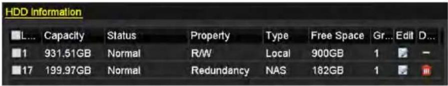 HDD Information L... Capacity Status Property Type Free Space Gr... Edit D... 1 931.51GB Normal R/W Local 900GB 1 17 199.97GB Normal Redundancy NAS 182GB 1