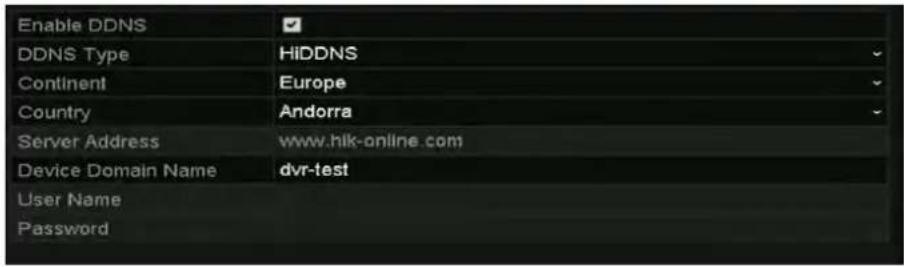 Enable DDNS DDNS Type HiDDNS Continent Europe Country Andorra Server Address www.hik-online.com Device Domain Name dvr-test User Name Password