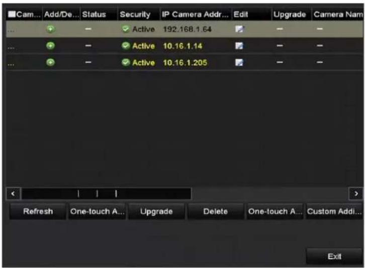 Cam... Add/De... Status Security IP Camera Addr... Edit Upgrade Camera Nam Active 192.168.1.64 Active 10.16.1.14 Active 10.16.1.205 Refresh One-touch A... Upgrade Delete One-touch A... Custom Addi... Exit