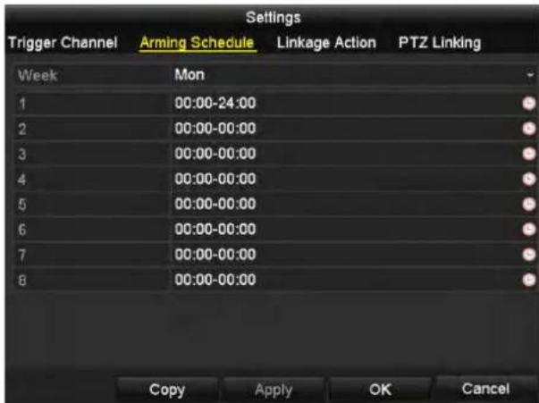 Settings Trigger Channel Arming Schedule Linkage Action PTZ Linking Week Mon 1 00:00-24:00 2 00:00-00:00 3 00:00-00:00 4 00:00-00:00 5 00:00-00:00 6 00:00-00:00 7 00:00-00:00 8 00:00-00:00 Copy Apply OK Cancel