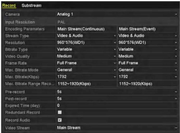 Record Substream Camera Analog 1 Input Resolution PAL Encoding Parameters Main Stream(Continuous) Main Stream(Event) Stream Type Video & Audio - Video & Audio - Resolution 960°576(WD1) - 960°576(WD1) - Bitrate Type Variable - Variable - Video Quality Medium - Medium - Frame Rate Full Frame - Full Fr…
