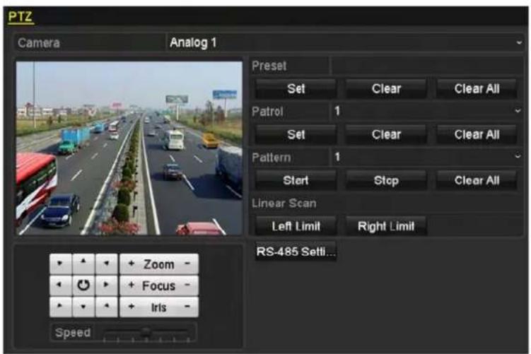 PTZ Camera Analog 1 Preset Set Clear Clear All Patrol 1 Set Clear Clear All Pattern 1 Start Stop Clear All Linear Scan Left Limit Right Limit RS-485 Settl... Zoom - Focus - Iris - Speed