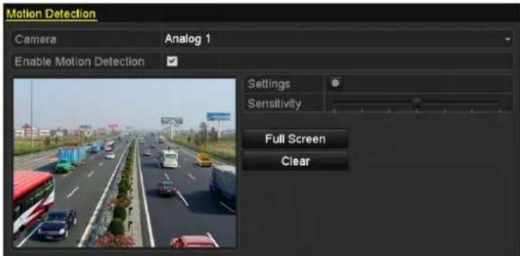 Motion Detection Camera Analog 1 Enable Motion Detection Settings Sensitivity Full Screen Clear