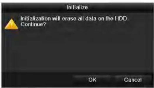 Initialize Initialization will erase all data on the HDD. Continue? OK Cancel