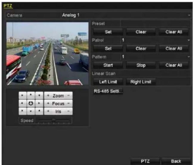PTZ Camera Analog 1 Preset Set Clear Clear All Patrol 1 Set Clear Clear All Pattern 1 Start Stop Clear All Linear Scan Left Limit Right Limit RS-485 Settl... Zoom - Focus - Iris - Speed PTZ Back