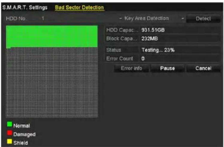 S.M.A.R.T. Settings Bad Sector Detection HDD No. 1 Key Area Detection Detect HDD Capac... 931.51GB Block Capac... 232MB Status Testing... 23% Error Count 0 Error info Pause Cancel Normal Damaged Shield