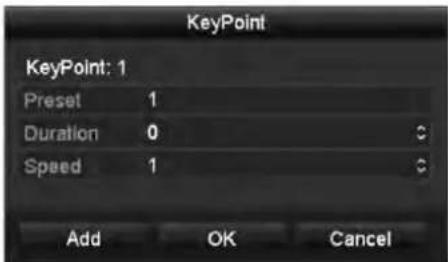 KeyPoint KeyPoint: 1 Preset 1 Duration 0 Speed 1 Add OK Cancel