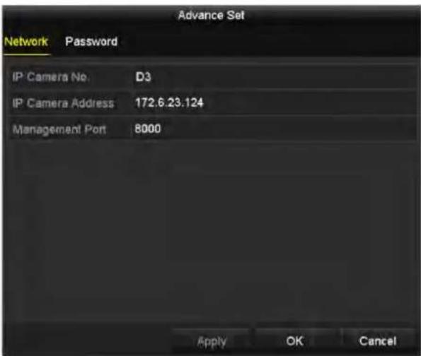 Advance Set Network Password IP Camera No. D3 IP Camera Address 172.6.23.124 Management Port 8000 Apply OK Cancel
