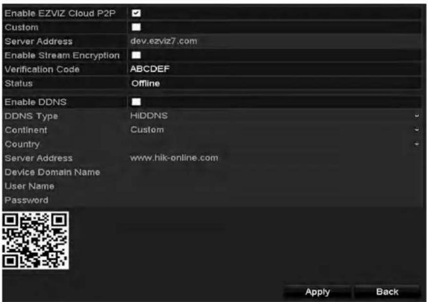 Enable EZVIZ Cloud P2P Custom Server Address dev.ezviz7.com Enable Stream Encryption Verification Code ABCDEF Status Offline Enable DDNS DDNS Type HiDDNS Continent Custom Country Server Address www.hik-online.com Device Domain Name User Name Password Apply Back