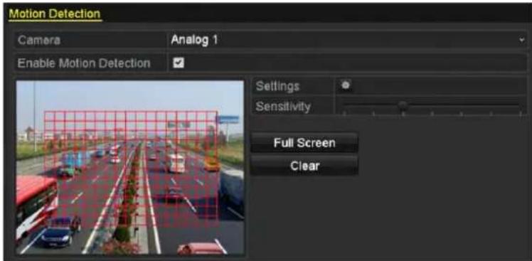 Motion Detection Camera Analog 1 Enable Motion Detection Settings Sensitivity Full Screen Clear