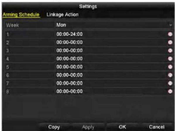 Settings Arming Schedule Linkage Action Week Mon 1 00:00-24:00 2 00:00-00:00 3 00:00-00:00 4 00:00-00:00 5 00:00-00:00 6 00:00-00:00 7 00:00-00:00 8 00:00-00:00 Copy Apply OK Cancel
