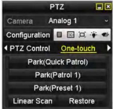 PTZ Camera Analog 1 Configuration PTZ Control One-touch Park(Quick Patrol) Park(Patrol 1) Park(Preset 1) Linear Scan Restore