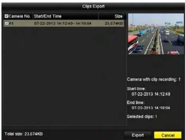 Clips Export Camera No Start/End Time Size A1 07:22-2013 14:12:49--14:18:04 23.674KB Camera with clip recording: 1 Start time: 07:22-2013 14:12:49 End time: 07:22-2013 14:18:04 Selected clips: 1 Total size: 23.674KB Export Cancel