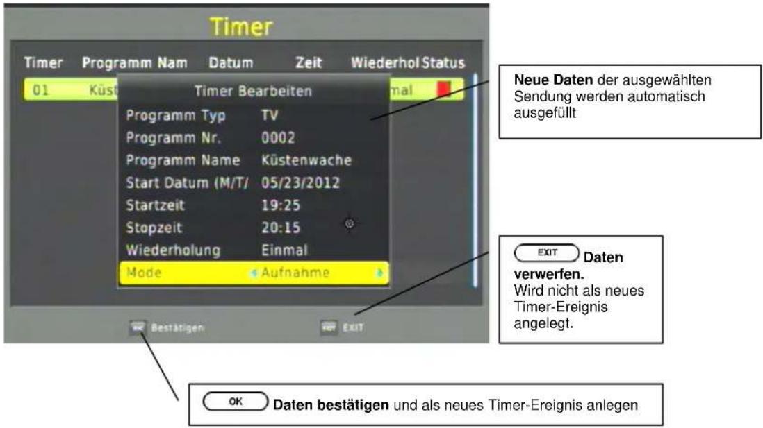 Timer Timer Programm Nam Datum Zeit Wiederhol Status 01 Küst Timer Bearbeiten Programm Typ TV Programm Nr. 0002 Programm Name Küstenwache Start Datum (M/T/ 05/23/2012 Startzeit 19:25 Stopzeit 20:15 Wiederholung Einmal Mode Aufnahme Bestätigen Exit Neue Daten der ausgewählten Sendung werden automatisch ausgefüllt EXIT Daten verwerfen. Wird nicht als neues Timer-Ereignis angelegt. OK Daten bestätigen und als neues Timer-Ereignis anlegen