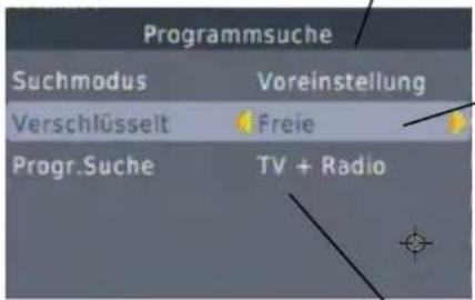 Programmsuche Suchmodus Voreinstellung Verschlüsselt Freie Progr.Suche TV + Radio