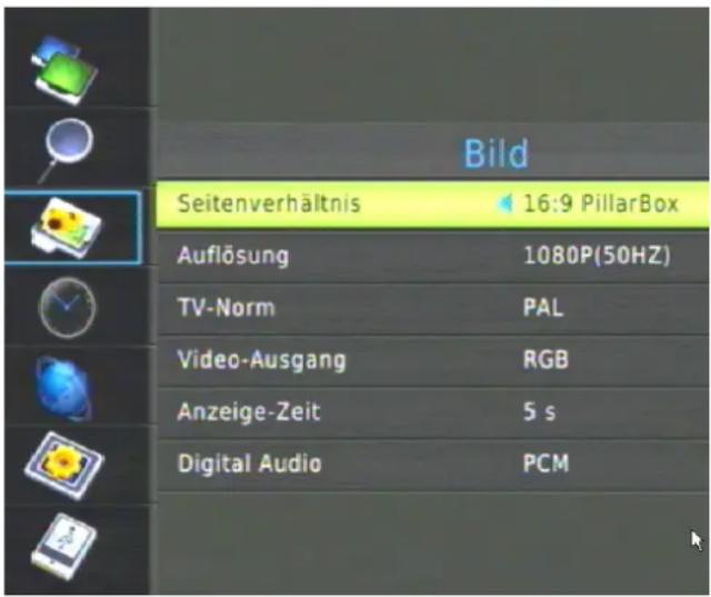 Bild Seitenverhältnis 16:9 PillarBox Auflösung 1080P(50HZ) TV-Norm PAL Video-Ausgang RGB Anzeige-Zeit 5 s Digital Audio PCM