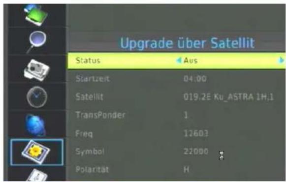 Upgrade über Satellit Status Aus Startzeit 04.00 Satellit 019,2E Ku_ASTRA 1H.1 TransPonder 1 Freq 12603 Symbol 22000 Polarität H