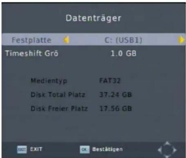 Datenträger Festplatte C: (USB1) Timeshift Grö 1.0 GB Medientyp FAT32 Disk Total Platz 37.24 GB Disk Freier Platz 17.56 GB EXIT EXIT OK Bestätigen