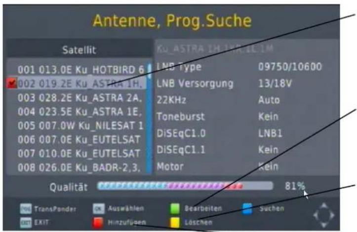 Antenne, Prog.Suche Satellit 001 013.0E Ku_HOTBIRD 6 002 019.2E Ku_ASTRA 1H, 003 028.2E Ku_ASTRA 2A, 004 023.5E Ku_ASTRA 1E, 005 007.0W Ku_NILESAT 1 006 007.0E Ku_EUTELSAT 007 010.0E Ku_EUTELSAT 008 026.0E Ku_BADR-2,3. Ku_ASTRA 1H WINCILIM LNB type 09750/10600 LNB Versorgung 13/18V 22KHz Auto Toneburst Kein DiSEqC1.0 LNB1 DiSEqC1.1 Kein Motor Kein Qualität 81% TransPonder Auswählen Bearbeiten Suchen EXIT Hinzufügen Löschen