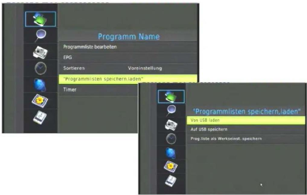 Programm Name Programmliste bearbeten EPG Sortieren Voreinstellung "Programmlisten speichern.laden" Timer "Programmlisten speichern.laden" Von USB laden Auf USB speichern Prog.liste als Werkseinst. speichern