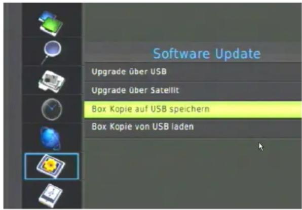 Software Update Upgrade über USB Upgrade über Satellit Box Kopie auf USB speichern Box Kopie von USB laden