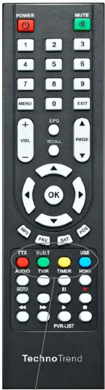 POWER MUTE 1 2 3 4 5 6 7 8 9 MENU 0 EXIT + VOL EPG RECALL PAGE OK INFO FAV SAT POS TTX SUB.T USB AUDIO TV/R TIMER HDMI GOTO II PVR-LIST TechnoTrend