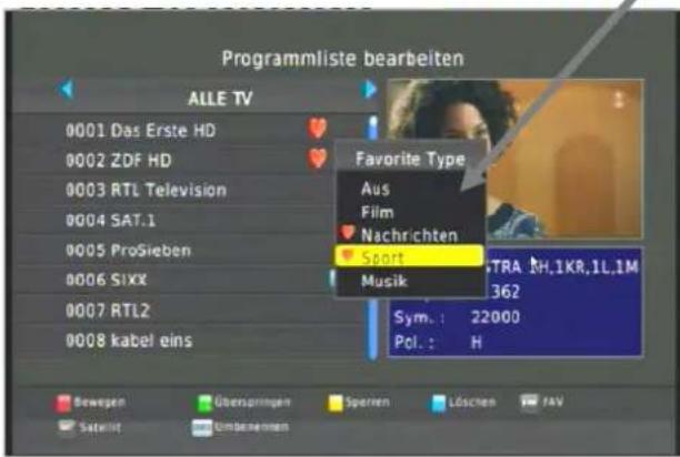 Programmliste bearbeiten ALLE TV 0001 Das Erste HD 0002 ZDF HD 0003 RTL Television 0004 SAT.1 0005 ProSieben 0006 SIXX 0007 RTL2 0008 kabel eins Favorite Type Aus Film Nachrichten Sport Musik Sym.: 22000 Pol.: H Gewegen Überspringen Sprenn Löschen FAV Satwelt Einbeinehens