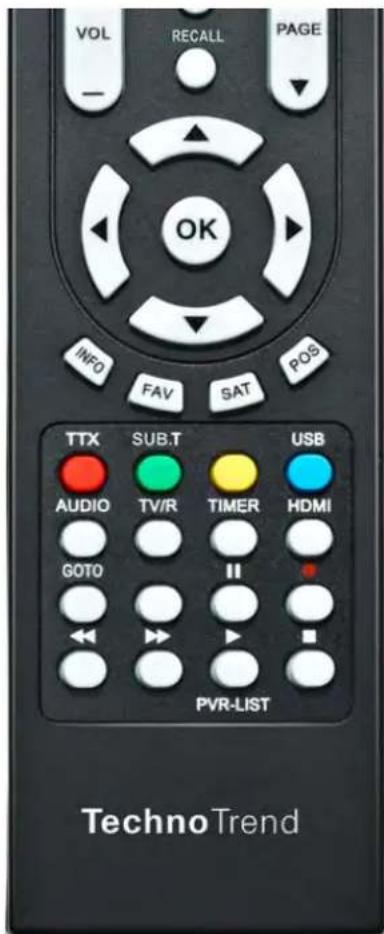 VOL RECALL PAGE OK INFO FAV SAT POS TTX SUB.T USB AUDIO TV/R TIMER HDMI GOTO II PVR-LIST TechnoTrend