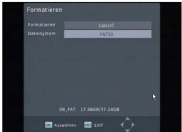 Formatieren Formatieren Usb1/C Dateisystem FAT32 EN_FAT 17.56GB/37.24GB OK Auswahlen OUT EXIT