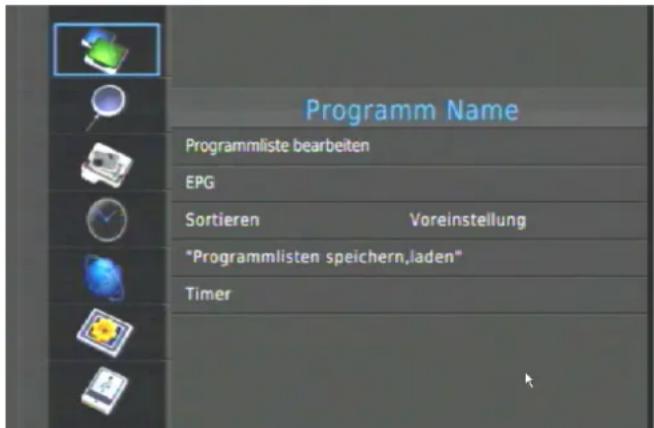 Programm Name Programmliste bearbeiten EPG Sortieren Voreinstellung "Programmlisten speichern,laden" Timer