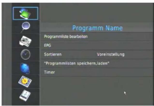 Programm Name Programmliste bearbeiten EPG Sortieren Voreinstellung "Programmlisten speichern,aden" Timer