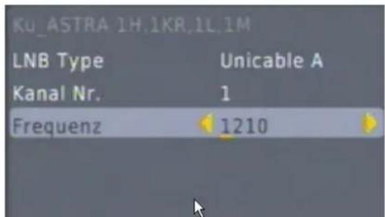KU_ASTRA 1H.1KR.1L.1M LNB Type Unicable A Kanal Nr. 1 Frequenz 1210