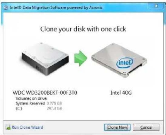 Intel® Data Migration Software powered by Acronis Clone your disk with one click WDC WD3200BEKT-00F3T0 Volumes on drive: System Reserved 0.776 GB (C) 297.3 GB Intel 40G Run Clone Wizard Clone Now Cancel