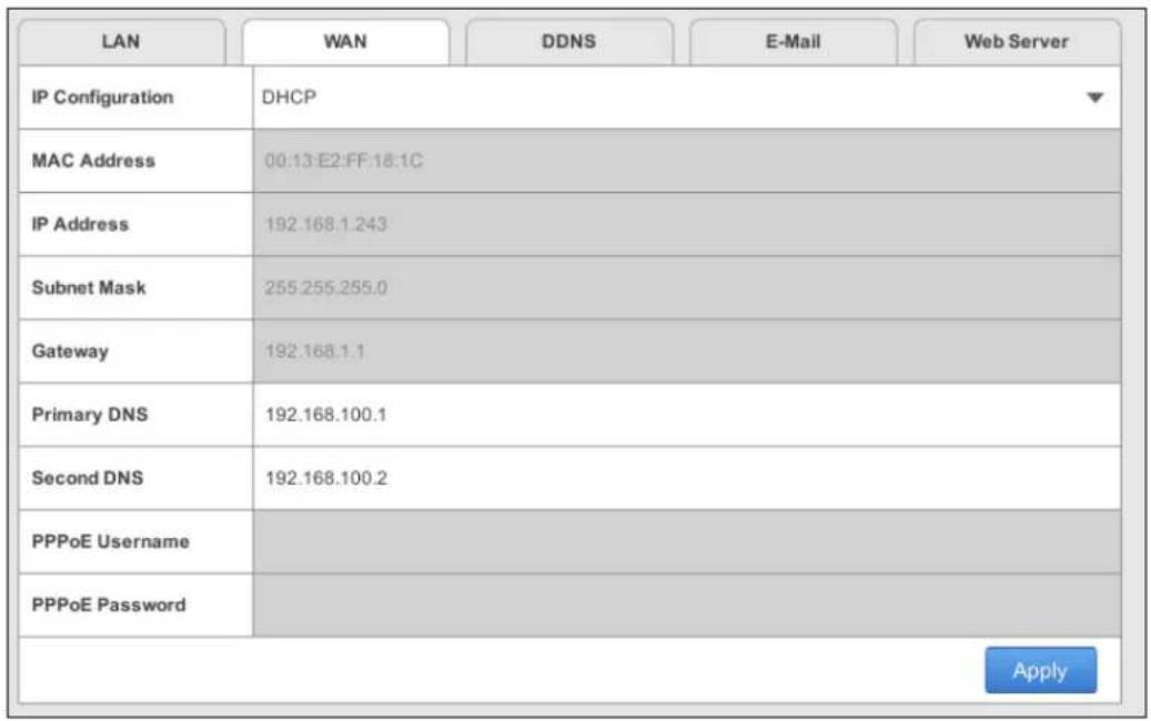 LAN IP Configuration DHCP MAC Address 00:13:E2:FF:18:1C IP Address 192.168.1.243 Subnet Mask 255.255.255.0 Gateway 192.168.1.1 Primary DNS 192.168.100.1 Second DNS 192.168.100.2 PPPoE Username PPPoE Password Apply