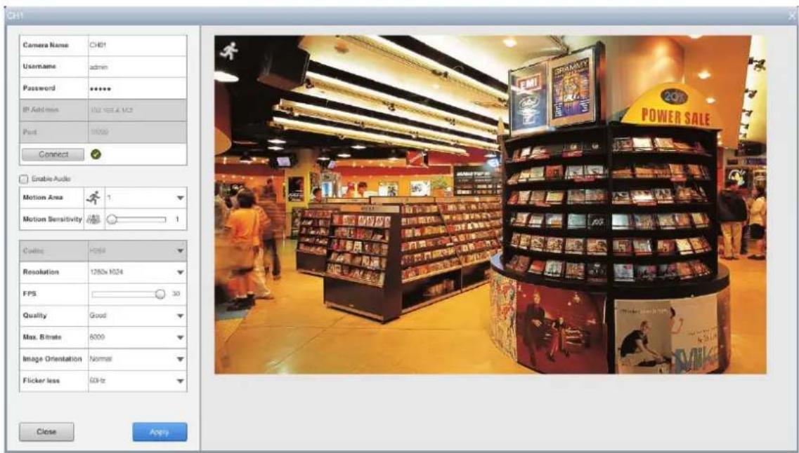Camera Name CH01 Username admin Password ****** IP Address 102.165 & VIZ Port Info Connect Enable Audio Motion Area 1 Motion Sensitivity 1 Cosmic H264 Resolution 1280x H24 FPS 30 Quality Good Max. Bitrate 8000 Image Orientation Normal Flicker less 50Hz Close Apply EMI BRAMAX POWER SALE
