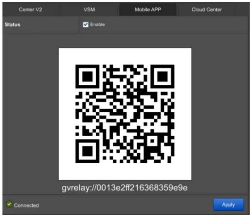 Center V2 VSM Mobile APP Cloud Center Status Enable gvrelay://0013e2ff216368359e9e Connected Apply