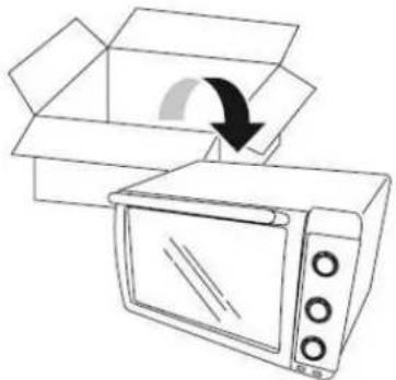 Line drawing of a microwave oven with an open box and a curved arrow indicating rotation (no text or symbols)